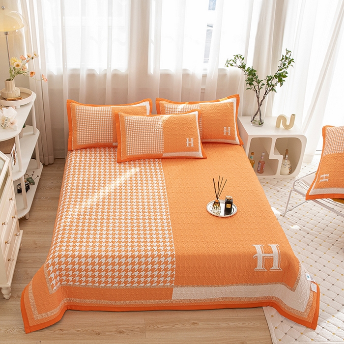 麦田家纺 2026新款天丝绸大版数码印花单床盖床盖单件 千鸟格H-奶油橘