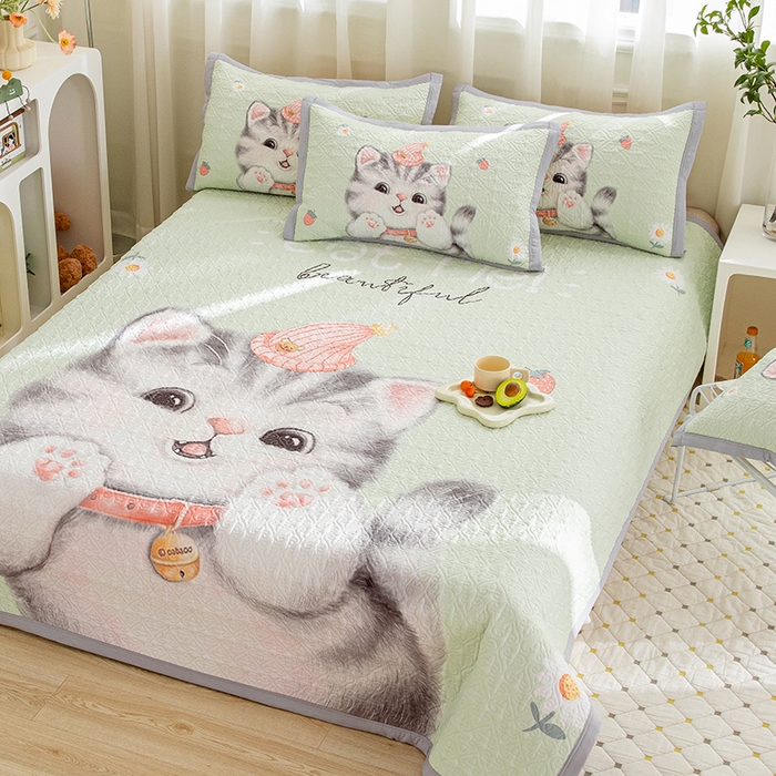 91家纺网 家纺一手货源 找家纺 麦田家纺 2026新款天丝绸大版数码印花单床盖床盖单件 幸运喵-绿