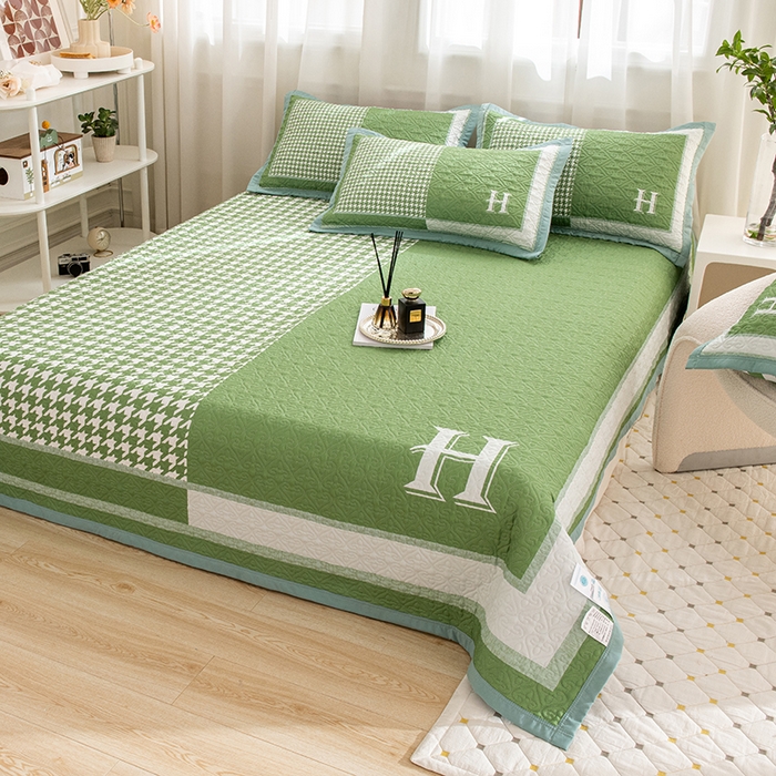 91家纺网 家纺一手货源 找家纺 麦田家纺 2026新款天丝绸大版数码印花单床盖床盖单件 千鸟格H-气泡绿