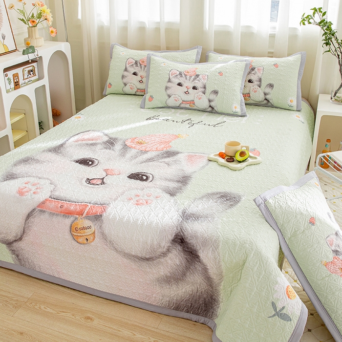 91家纺网 家纺一手货源 找家纺 麦田家纺 2026新款天丝绸大版数码印花单床盖床盖单件 幸运喵-绿