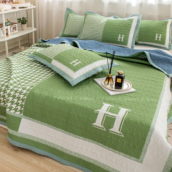 91家纺网 家纺一手货源 找家纺 麦田家纺 2026新款天丝绸大版数码印花单床盖床盖单件 千鸟格H-气泡绿