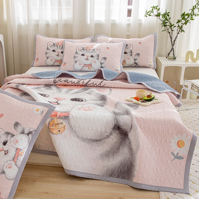 91家纺网 家纺一手货源 找家纺 麦田家纺 2026新款天丝绸大版数码印花单床盖床盖单件 幸运喵-粉