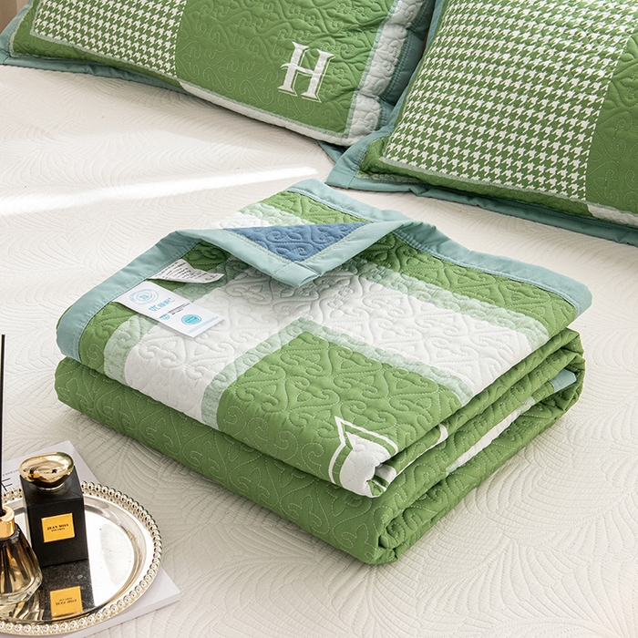 91家纺网 家纺一手货源 找家纺 麦田家纺 2026新款天丝绸大版数码印花单床盖床盖单件 千鸟格H-气泡绿