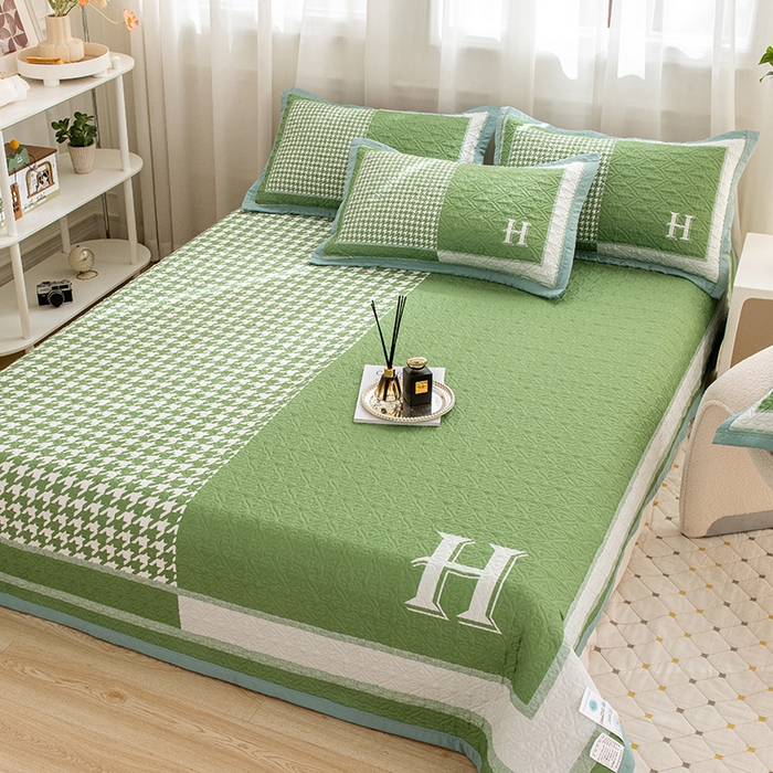 91家纺网 家纺一手货源 找家纺 麦田家纺 2026新款天丝绸大版数码印花单床盖床盖单件 千鸟格H-气泡绿