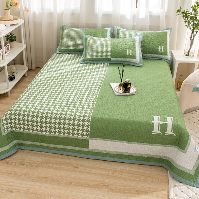 91家纺网 家纺一手货源 找家纺 麦田家纺 2026新款天丝绸大版数码印花单床盖床盖单件 千鸟格H-气泡绿