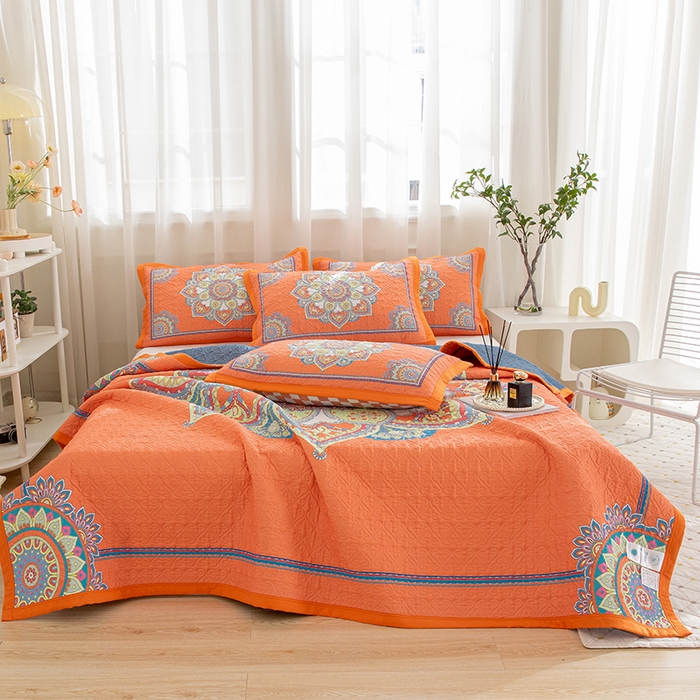 91家纺网 家纺一手货源 找家纺 麦田家纺 2026新款天丝绸大版数码印花单床盖床盖单件 罗曼蒂克-橘