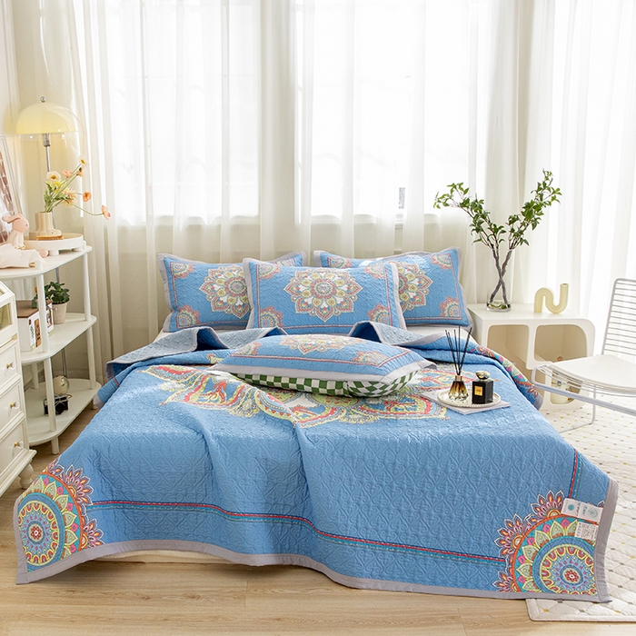 91家纺网 家纺一手货源 找家纺 麦田家纺 2026新款天丝绸大版数码印花单床盖床盖单件 罗曼蒂克-蓝