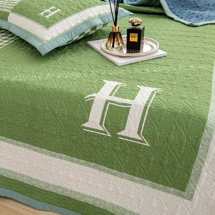 91家纺网 家纺一手货源 找家纺 麦田家纺 2026新款天丝绸大版数码印花单床盖床盖单件 千鸟格H-气泡绿