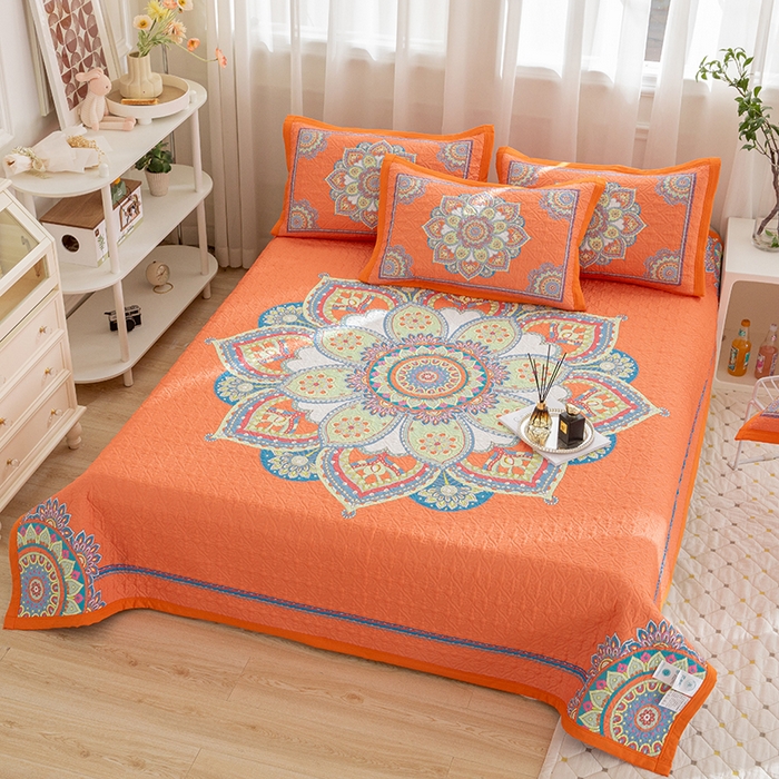 91家纺网 家纺一手货源 找家纺 麦田家纺 2026新款天丝绸大版数码印花单床盖床盖单件 罗曼蒂克-橘