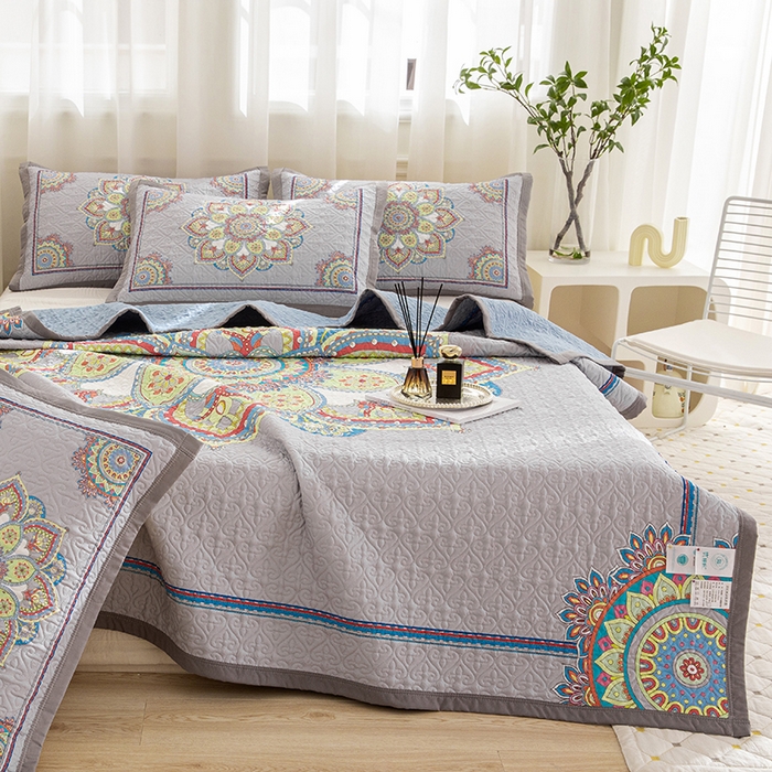 91家纺网 家纺一手货源 找家纺 麦田家纺 2026新款天丝绸大版数码印花单床盖床盖单件 罗曼蒂克-灰