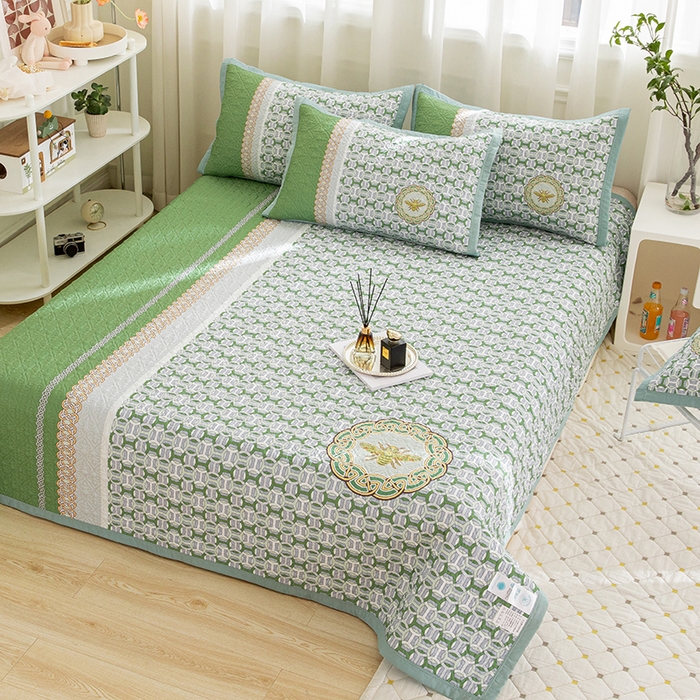 91家纺网 家纺一手货源 找家纺 麦田家纺 2026新款天丝绸大版数码印花单床盖床盖单件 古-清新绿