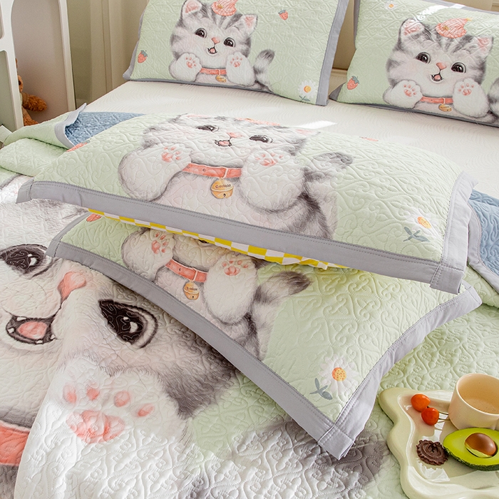 91家纺网 家纺一手货源 找家纺 麦田家纺 2026新款天丝绸大版数码印花单床盖床盖单件 幸运喵-绿