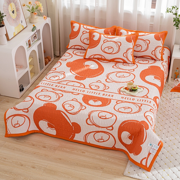 91家纺网 家纺一手货源 找家纺 麦田家纺 2026新款天丝绸大版数码印花单床盖床盖单件 小熊比尔-亮橘