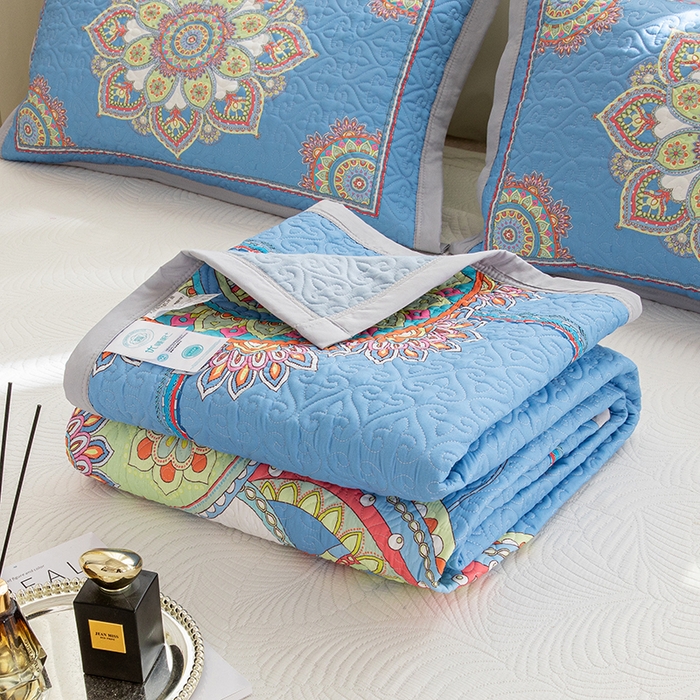 91家纺网 家纺一手货源 找家纺 麦田家纺 2026新款天丝绸大版数码印花单床盖床盖单件 罗曼蒂克-蓝