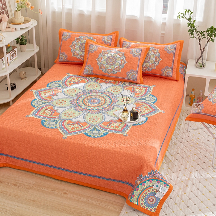 91家纺网 家纺一手货源 找家纺 麦田家纺 2026新款天丝绸大版数码印花单床盖床盖单件 罗曼蒂克-橘