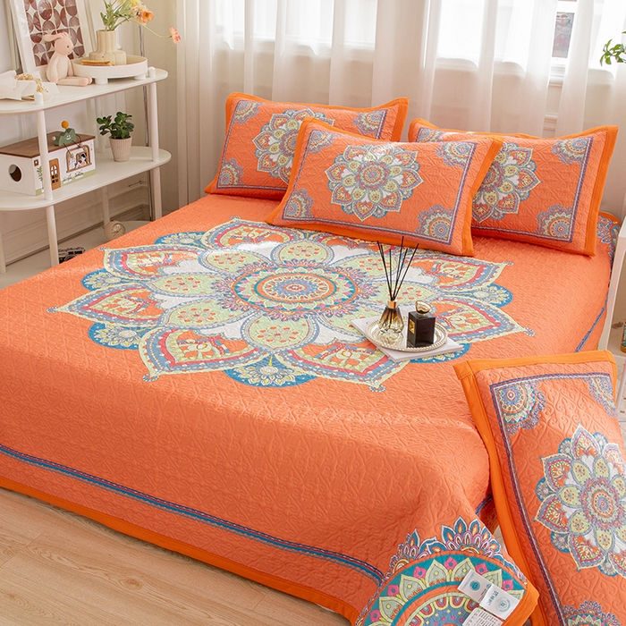 91家纺网 家纺一手货源 找家纺 麦田家纺 2026新款天丝绸大版数码印花单床盖床盖单件 罗曼蒂克-橘