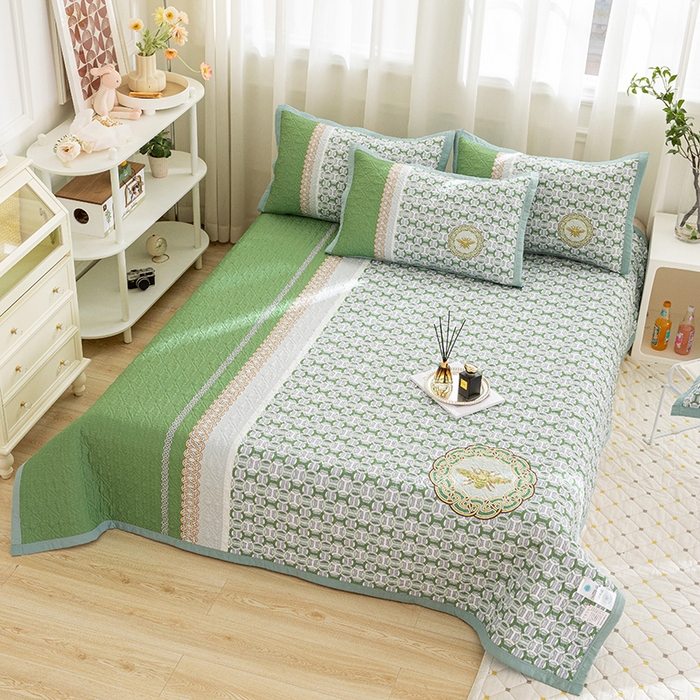 91家纺网 家纺一手货源 找家纺 麦田家纺 2026新款天丝绸大版数码印花单床盖床盖单件 古-清新绿