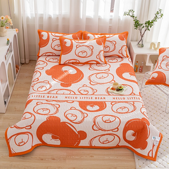 麦田家纺 2026新款天丝绸大版数码印花单床盖床盖单件 小熊比尔-亮橘