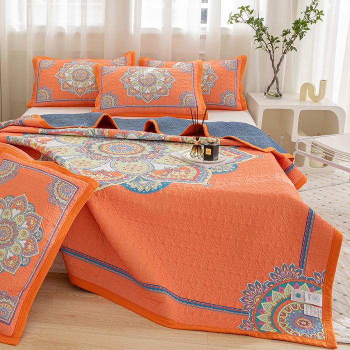 91家纺网 家纺一手货源 找家纺 麦田家纺 2026新款天丝绸大版数码印花单床盖床盖单件 罗曼蒂克-橘