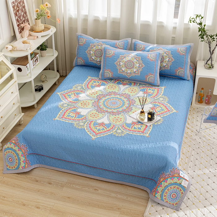 91家纺网 家纺一手货源 找家纺 麦田家纺 2026新款天丝绸大版数码印花单床盖床盖单件 罗曼蒂克-蓝