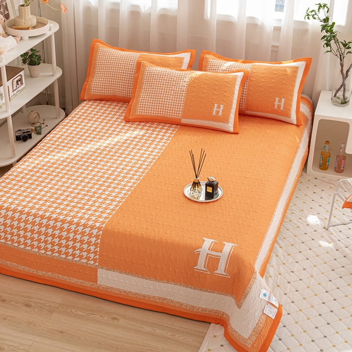 91家纺网 家纺一手货源 找家纺 麦田家纺 2026新款天丝绸大版数码印花单床盖床盖单件 千鸟格H-奶油橘