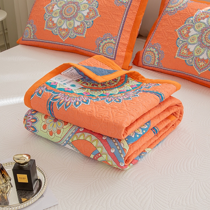 91家纺网 家纺一手货源 找家纺 麦田家纺 2026新款天丝绸大版数码印花单床盖床盖单件 罗曼蒂克-橘