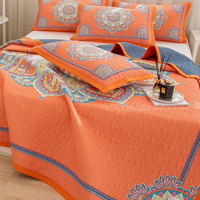 91家纺网 家纺一手货源 找家纺 麦田家纺 2026新款天丝绸大版数码印花单床盖床盖单件 罗曼蒂克-橘