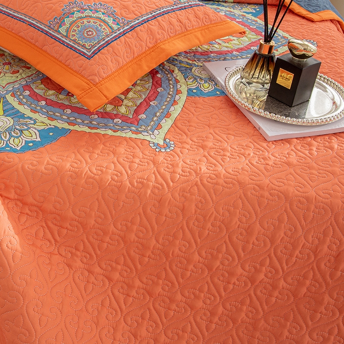 91家纺网 家纺一手货源 找家纺 麦田家纺 2026新款天丝绸大版数码印花单床盖床盖单件 罗曼蒂克-橘