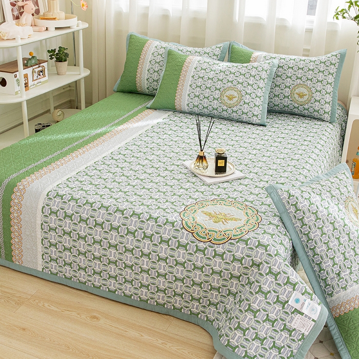 91家纺网 家纺一手货源 找家纺 麦田家纺 2026新款天丝绸大版数码印花单床盖床盖单件 古-清新绿