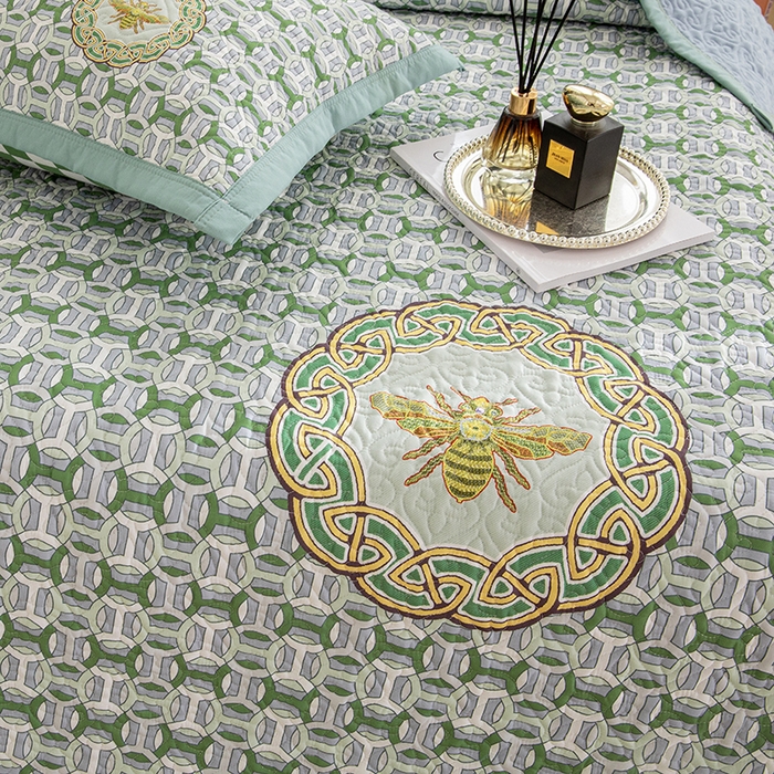 91家纺网 家纺一手货源 找家纺 麦田家纺 2026新款天丝绸大版数码印花单床盖床盖单件 古-清新绿