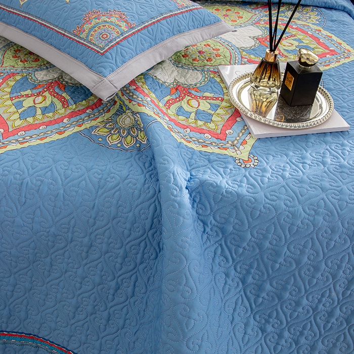 91家纺网 家纺一手货源 找家纺 麦田家纺 2026新款天丝绸大版数码印花单床盖床盖单件 罗曼蒂克-蓝