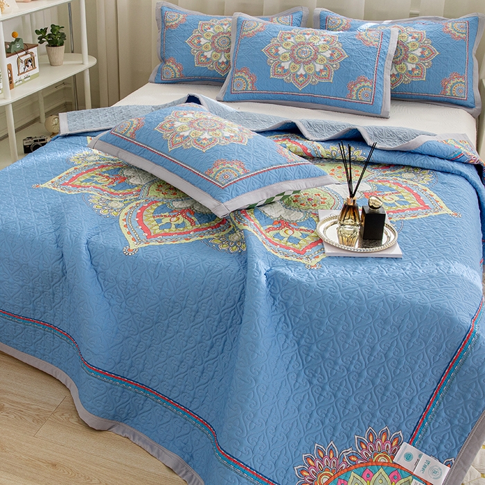 91家纺网 家纺一手货源 找家纺 麦田家纺 2026新款天丝绸大版数码印花单床盖床盖单件 罗曼蒂克-蓝