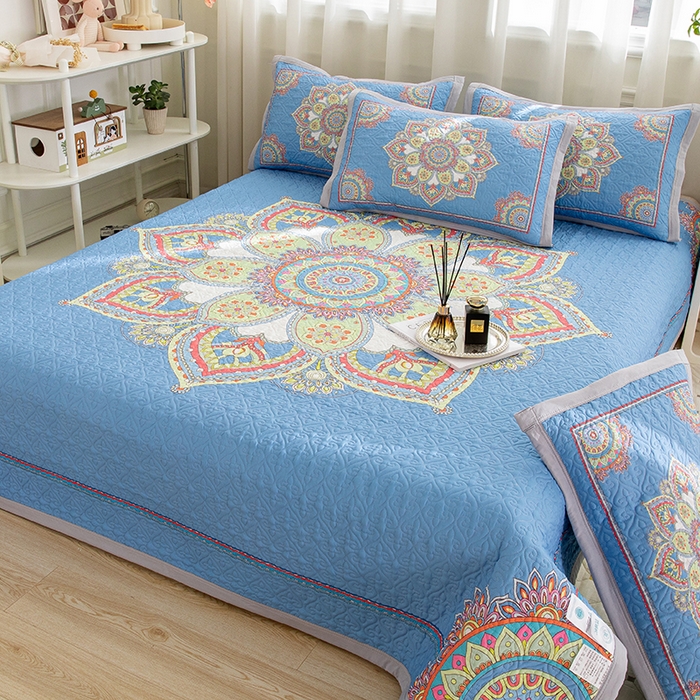 91家纺网 家纺一手货源 找家纺 麦田家纺 2026新款天丝绸大版数码印花单床盖床盖单件 罗曼蒂克-蓝