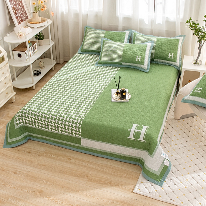 91家纺网 家纺一手货源 找家纺 麦田家纺 2026新款天丝绸大版数码印花单床盖床盖单件 千鸟格H-气泡绿