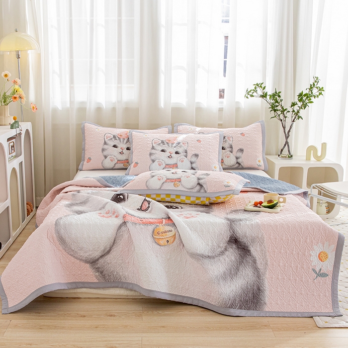 91家纺网 家纺一手货源 找家纺 麦田家纺 2026新款天丝绸大版数码印花单床盖床盖单件 幸运喵-粉