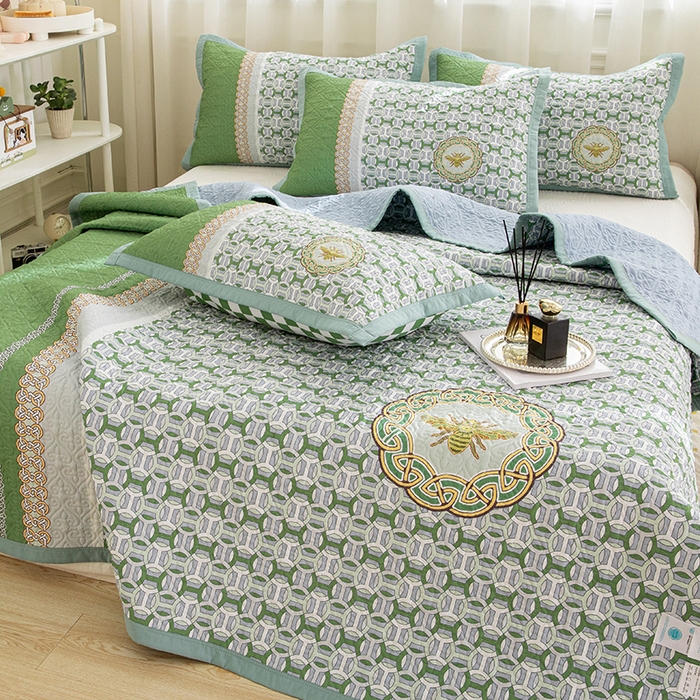 91家纺网 家纺一手货源 找家纺 麦田家纺 2026新款天丝绸大版数码印花单床盖床盖单件 古-清新绿