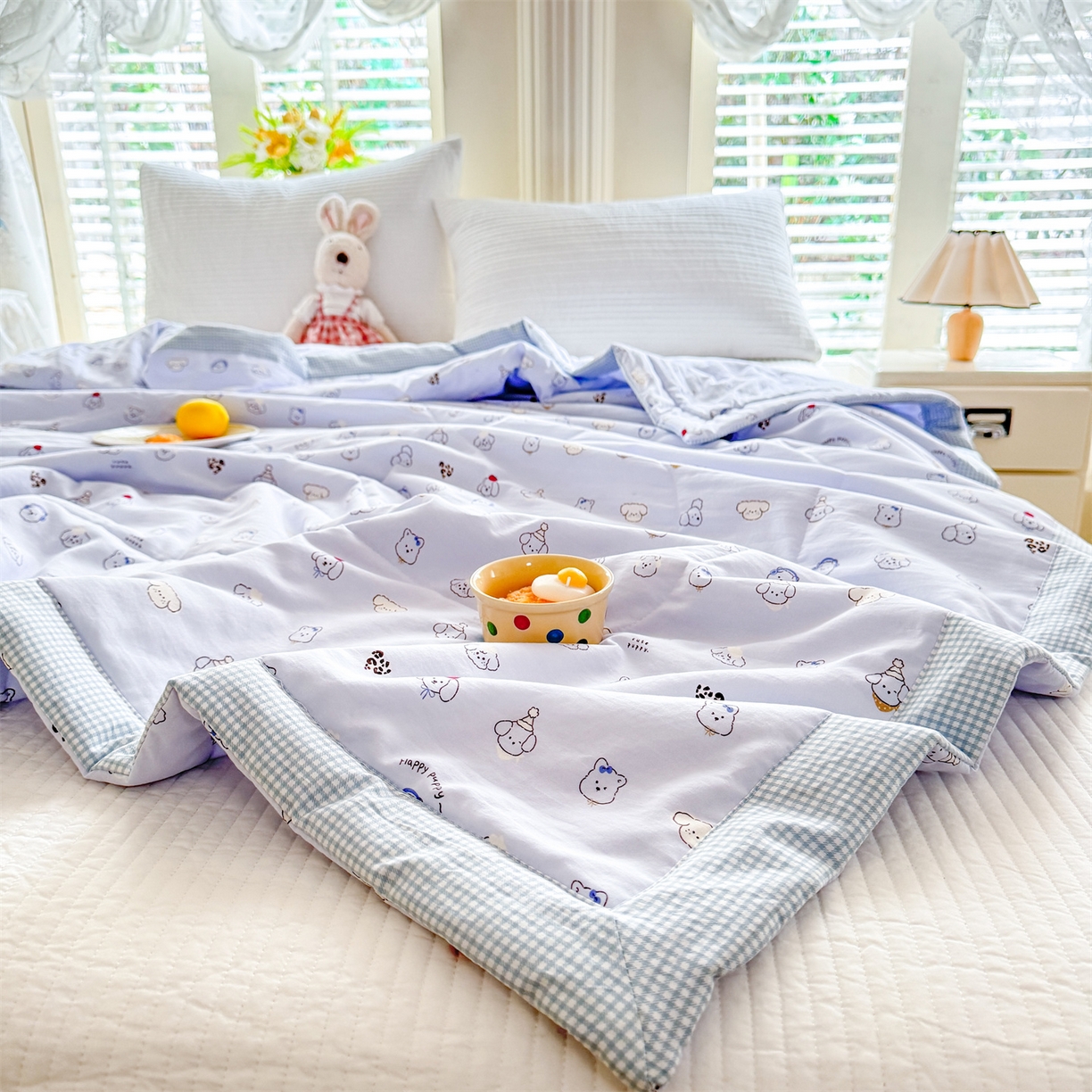 91家纺网 家纺一手货源 找家纺 优贝家纺 2026新款水洗棉云朵棉双层纱手包边抗菌夏凉被空调被 被子被芯 动物派对