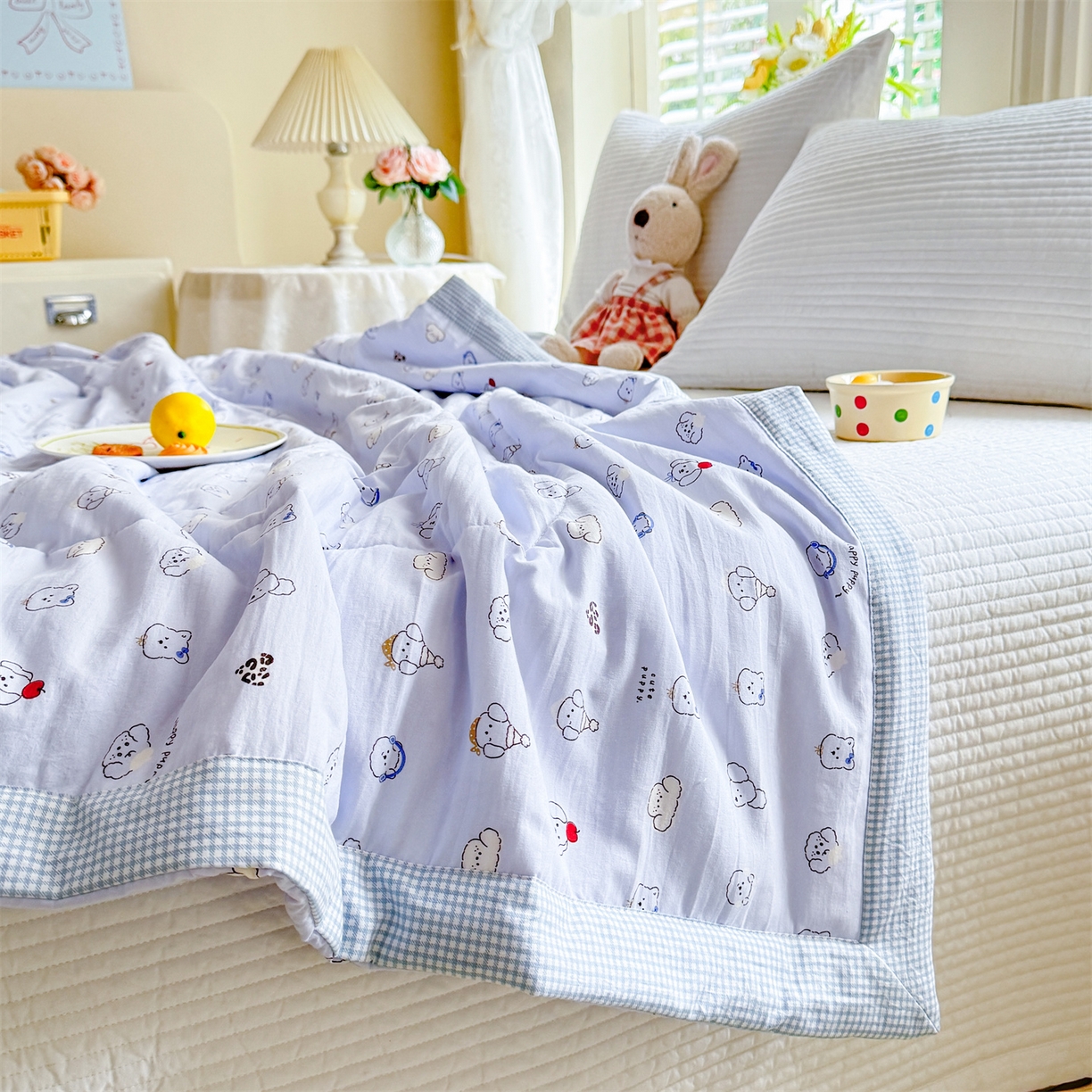 91家纺网 家纺一手货源 找家纺 优贝家纺 2026新款水洗棉云朵棉双层纱手包边抗菌夏凉被空调被 被子被芯 动物派对