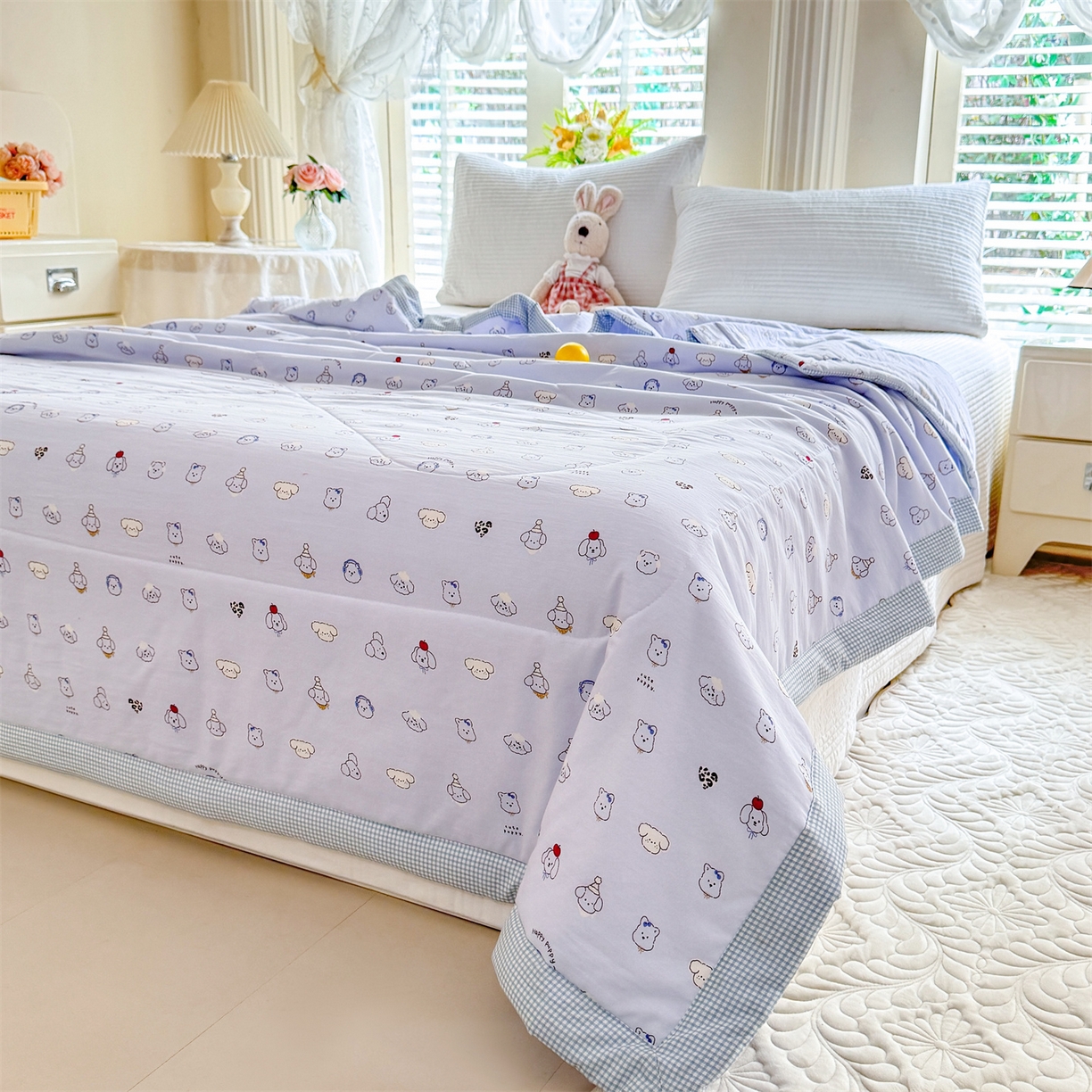 91家纺网 家纺一手货源 找家纺 优贝家纺 2026新款水洗棉云朵棉双层纱手包边抗菌夏凉被空调被 被子被芯 动物派对