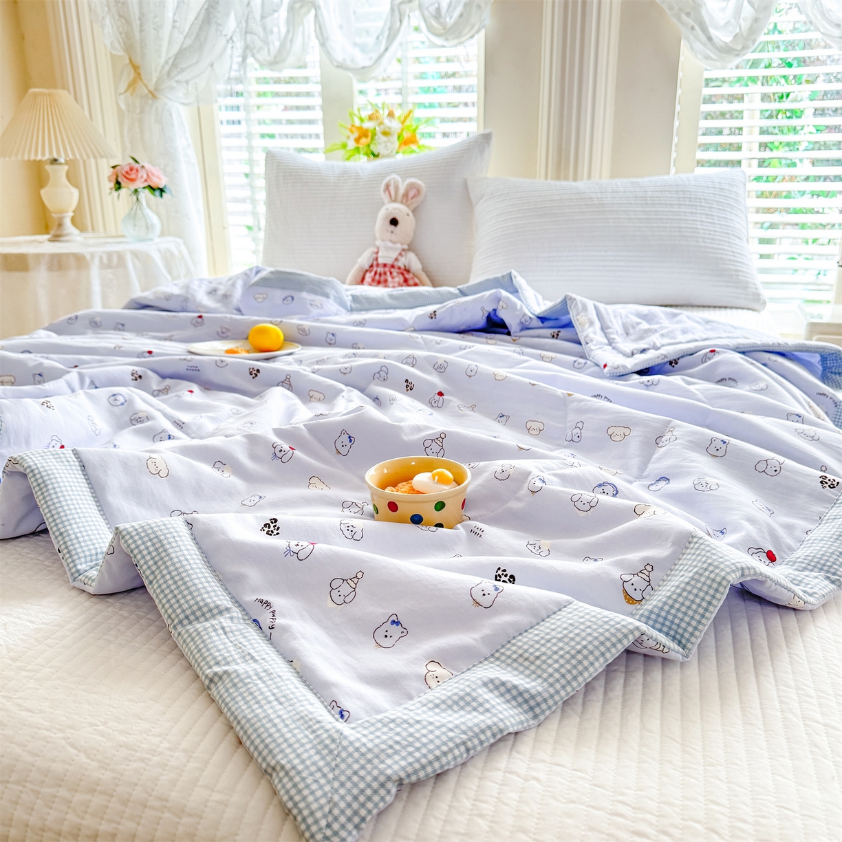 91家纺网 家纺一手货源 找家纺 优贝家纺 2026新款水洗棉云朵棉双层纱手包边抗菌夏凉被空调被 被子被芯 动物派对