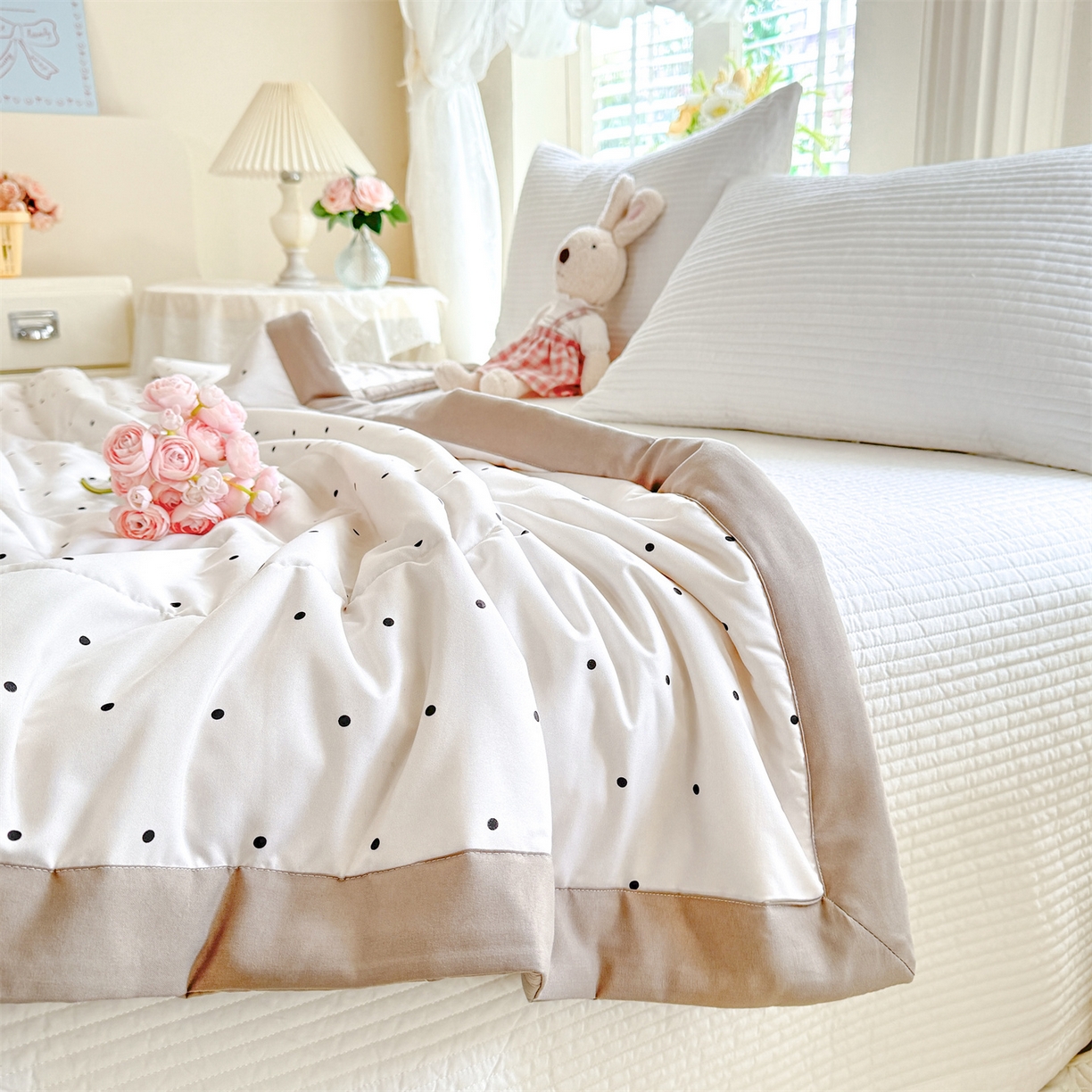 91家纺网 家纺一手货源 找家纺 优贝家纺 2026新款水洗棉云朵棉双层纱手包边抗菌夏凉被空调被 被子被芯 奶咖波点