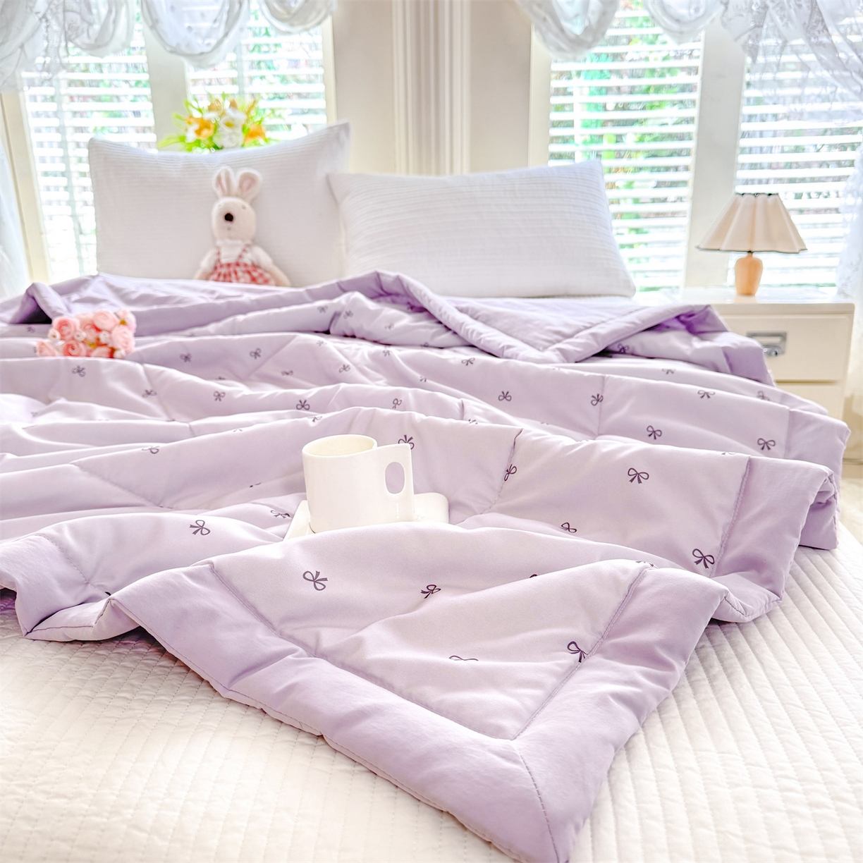 91家纺网 家纺一手货源 找家纺 优贝家纺 2026新款水洗棉云朵棉双层纱手包边抗菌夏凉被空调被 被子被芯 蝴蝶结