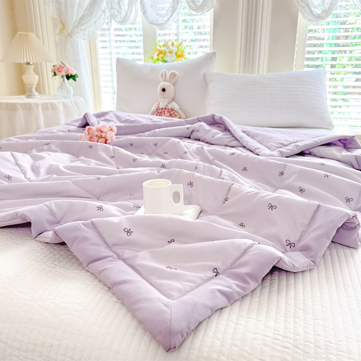 91家纺网 家纺一手货源 找家纺 优贝家纺 2026新款水洗棉云朵棉双层纱手包边抗菌夏凉被空调被 被子被芯 蝴蝶结