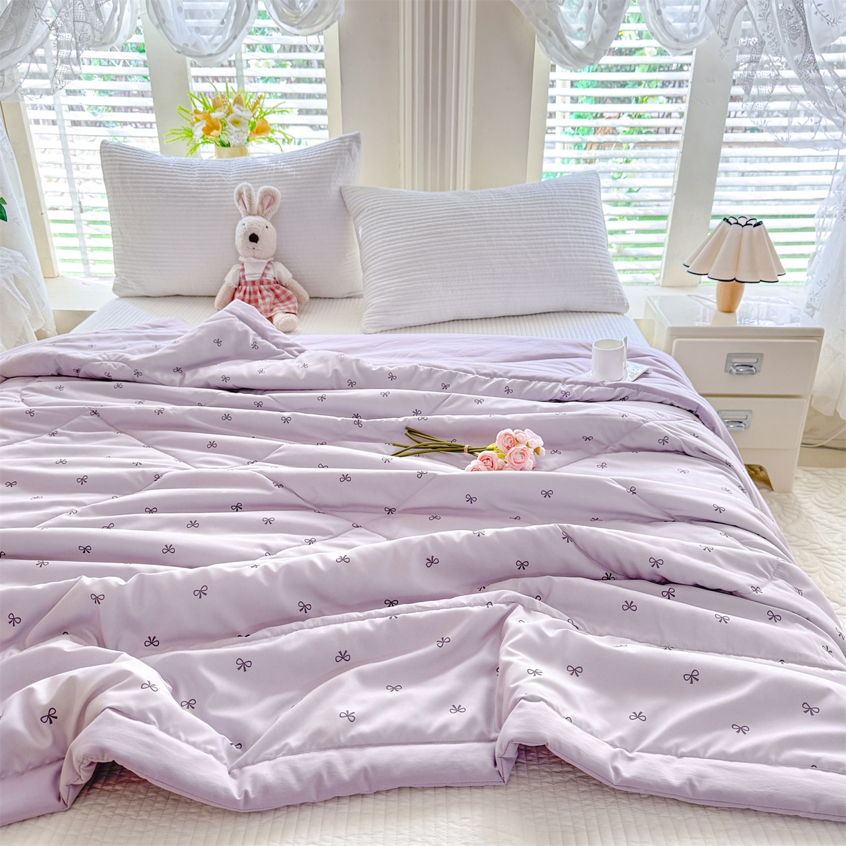 91家纺网 家纺一手货源 找家纺 优贝家纺 2026新款水洗棉云朵棉双层纱手包边抗菌夏凉被空调被 被子被芯 蝴蝶结