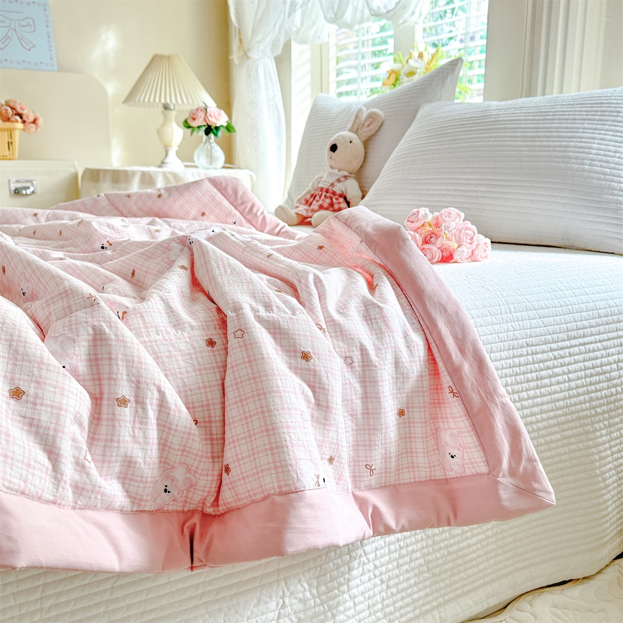 91家纺网 家纺一手货源 找家纺 优贝家纺 2026新款水洗棉云朵棉双层纱手包边抗菌夏凉被空调被 被子被芯 星星小熊