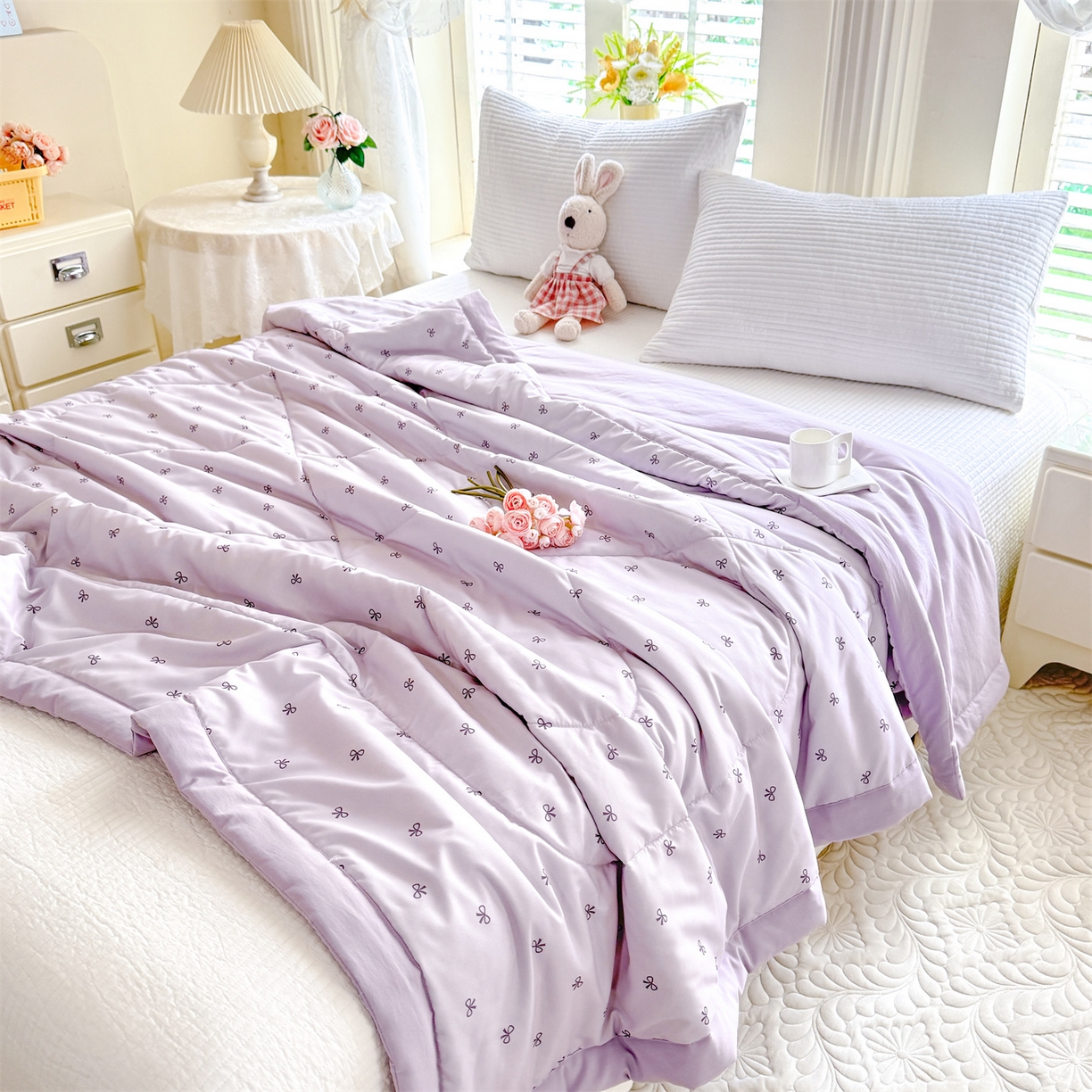 91家纺网 家纺一手货源 找家纺 优贝家纺 2026新款水洗棉云朵棉双层纱手包边抗菌夏凉被空调被 被子被芯 蝴蝶结