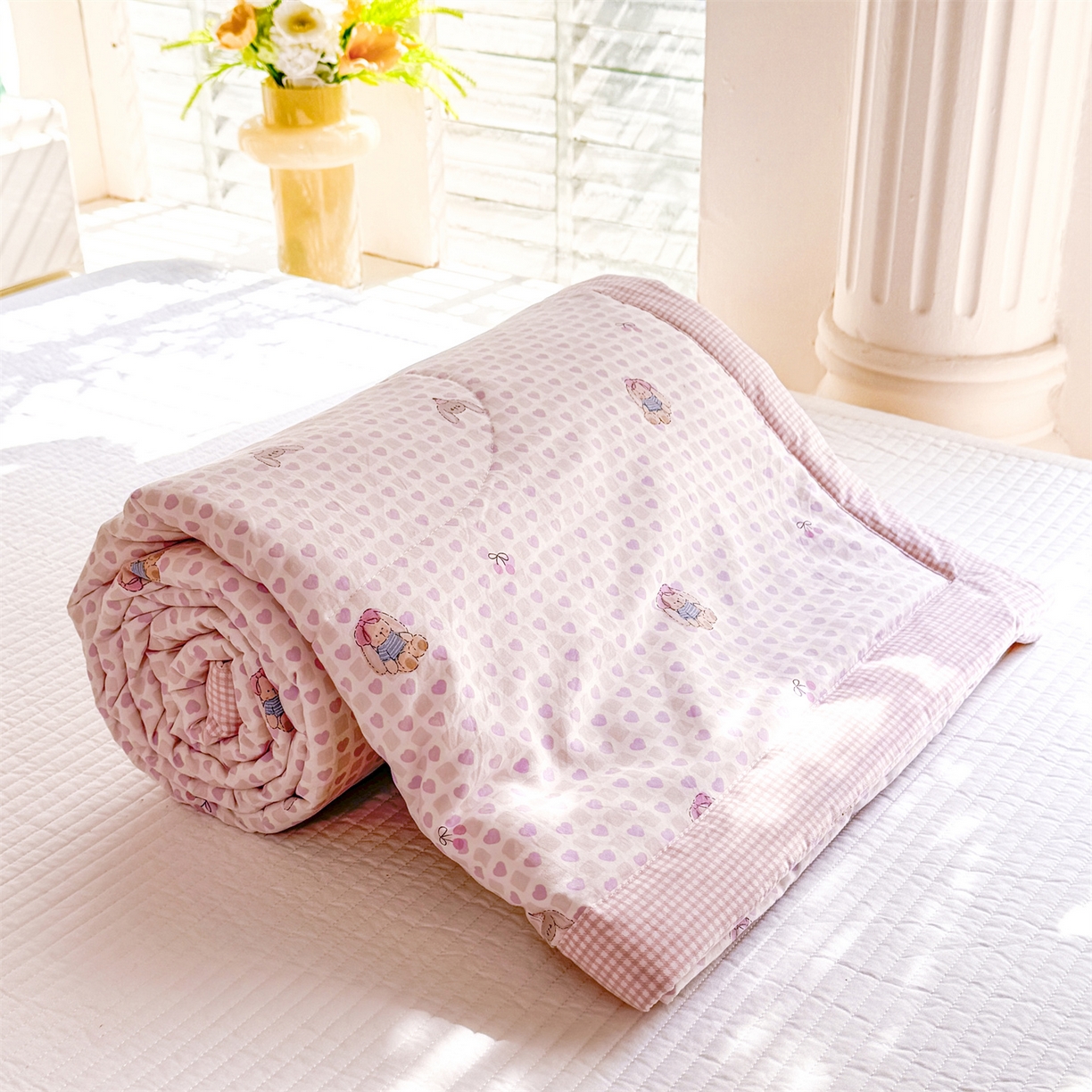 优贝家纺 2026新款水洗棉云朵棉双层纱手包边抗菌夏凉被空调被 被子被芯 春日萌兔