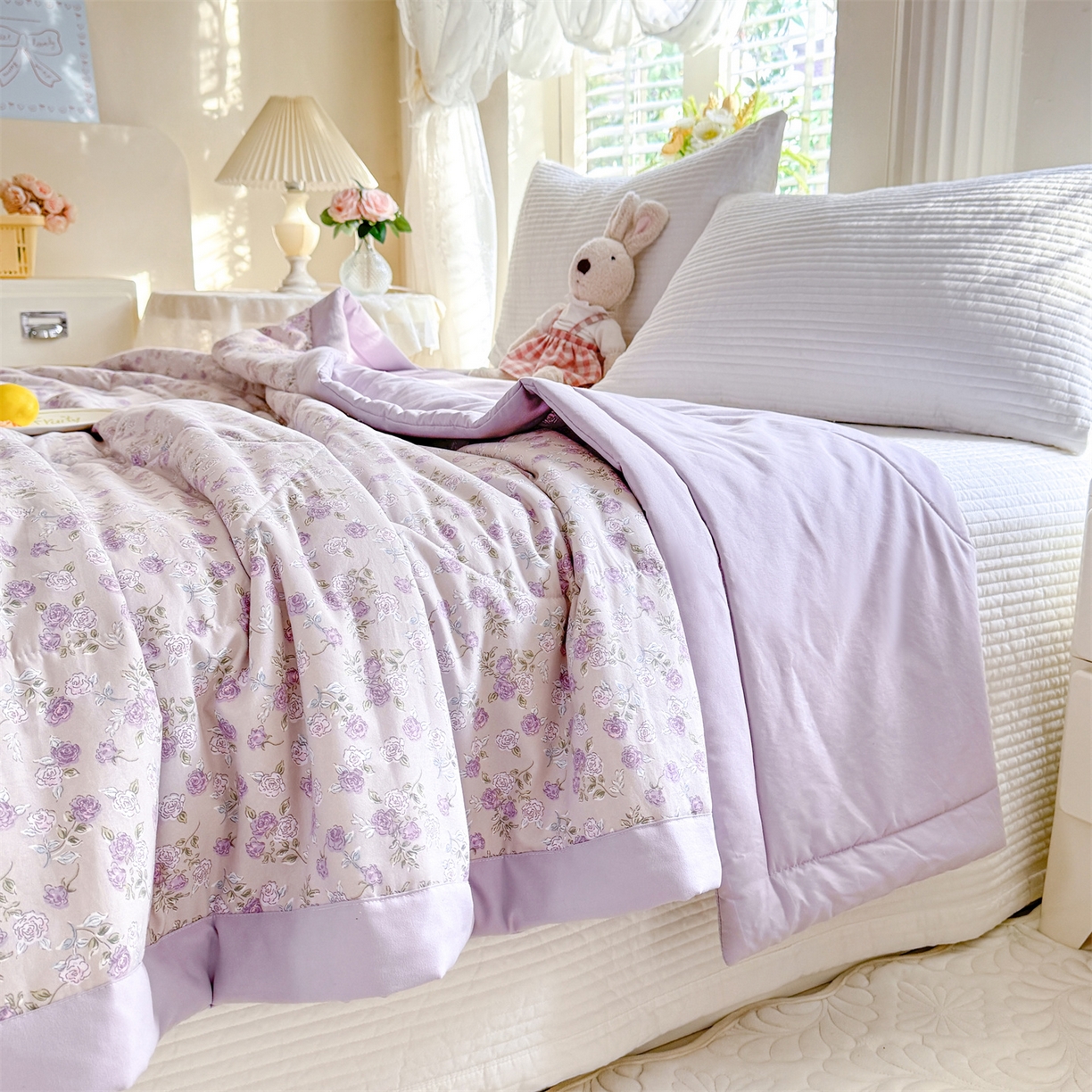 91家纺网 家纺一手货源 找家纺 优贝家纺 2026新款水洗棉云朵棉双层纱手包边抗菌夏凉被空调被 被子被芯 花香丽影