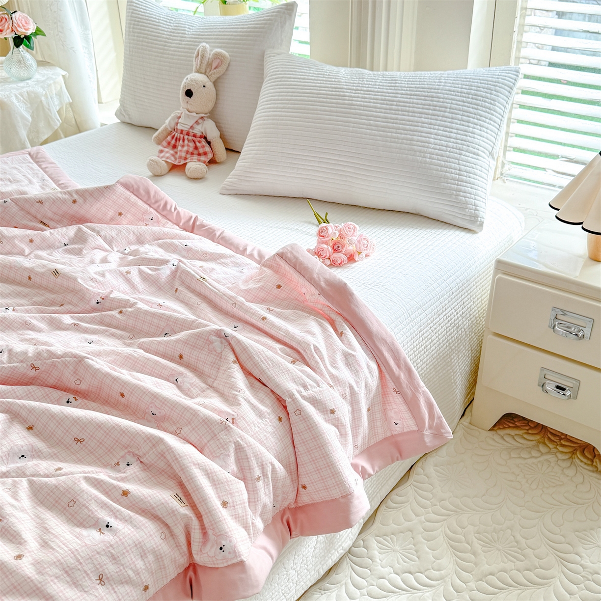 91家纺网 家纺一手货源 找家纺 优贝家纺 2026新款水洗棉云朵棉双层纱手包边抗菌夏凉被空调被 被子被芯 星星小熊