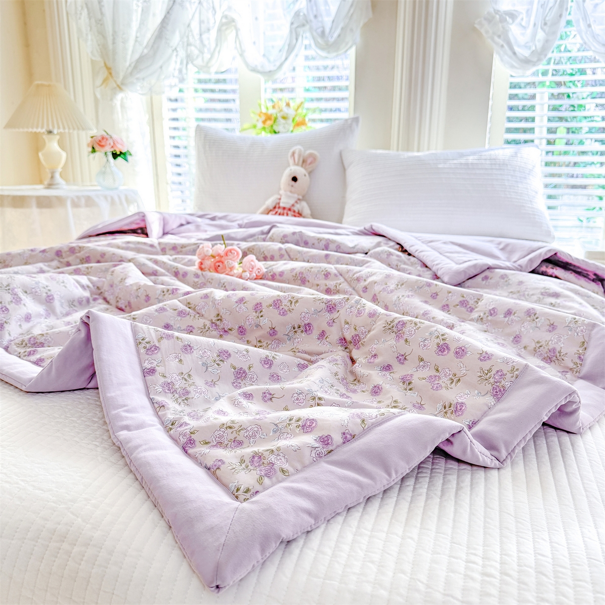 91家纺网 家纺一手货源 找家纺 优贝家纺 2026新款水洗棉云朵棉双层纱手包边抗菌夏凉被空调被 被子被芯 花香丽影